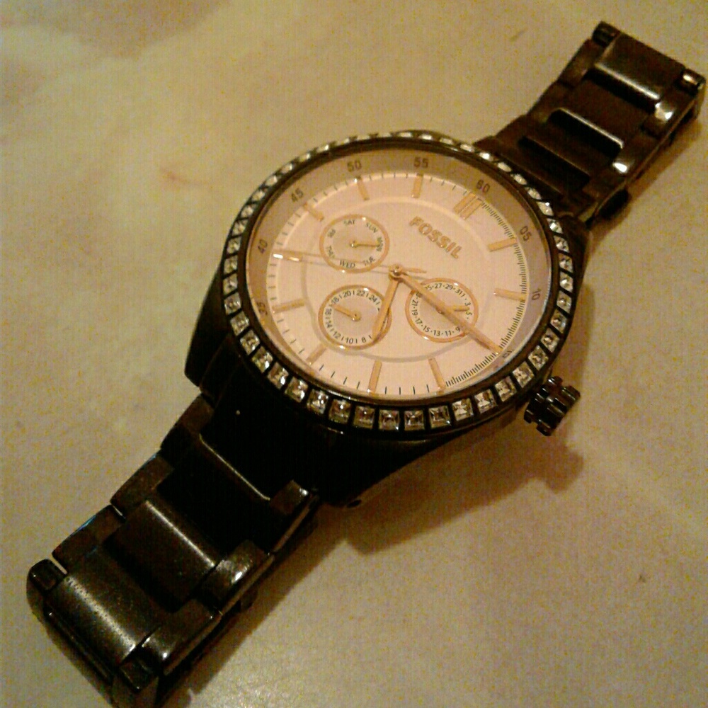 Fossil Watch Black W/ Pink Rose Gold Face